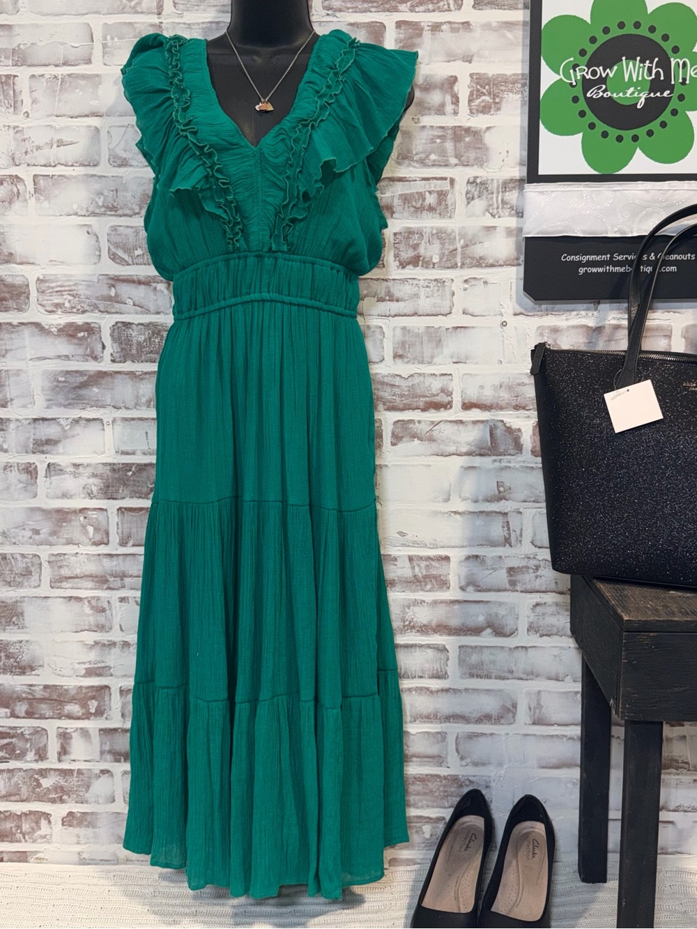 Indigo Blue Emerald Green Ruffle V-Neck Maxi Dress